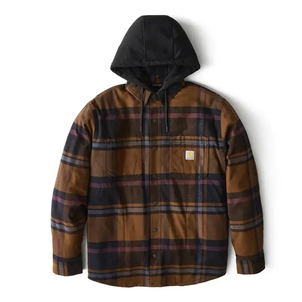 Carhartt Rugged Flex® Relaxed Fit Flannel Fleece Lined Hooded Shirt Jac Brown
