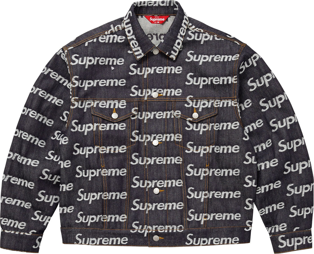 Supreme Jacquard Logos Denim Trucker Jacket Rigid Indigo
