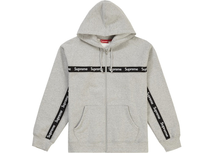 Supreme Text Stripe Zip Up Hooded Sweatshirt Grey